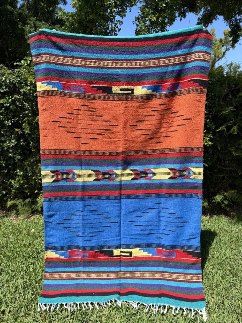 Vintage Fringed Wool Mexican Serape Blanket Southwestern 7 Ft X 4 Ft